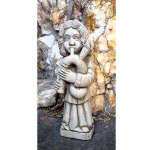 Vintage Bagpipes Player French Medieval Style Concrete Statuette Signed